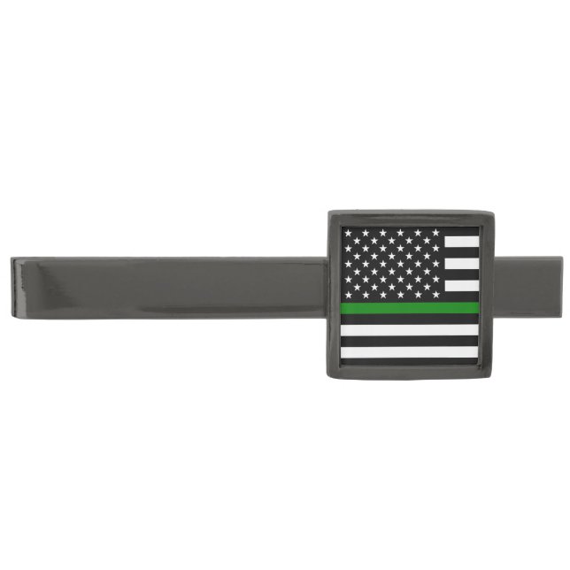 Thin Green Line Flag: Patriotic Military Veterans Gunmetal Finish Tie Bar (Front)