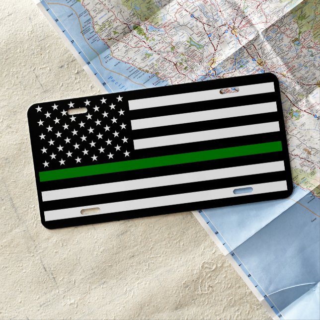 Thin Green Line Flag: Patriotic Military Veterans License Plate (In Situ)