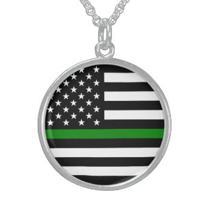 Thin Green Line Flag: Patriotic Military Veterans Sterling Silver Necklace
