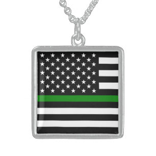 Thin Green Line Flag: Patriotic Military Veterans Sterling Silver Necklace