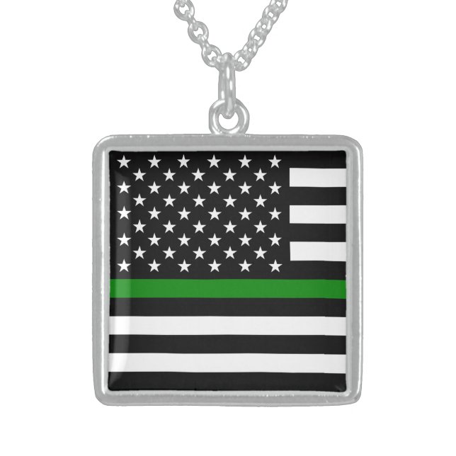 Thin Green Line Flag: Patriotic Military Veterans Sterling Silver Necklace (Front)
