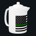 Thin Green Line Flag: Patriotic Military Veterans Teapot<br><div class="desc">The Thin Green Line flag is a symbol of support for the United States military. The thin green line represents the men and women who serve in the armed forces, protecting the nation and its citizens. The flag is often displayed alongside the American flag as a way to show appreciation...</div>