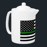 Thin Green Line Flag: Patriotic Military Veterans Teapot<br><div class="desc">The Thin Green Line flag is a symbol of support for the United States military. The thin green line represents the men and women who serve in the armed forces, protecting the nation and its citizens. The flag is often displayed alongside the American flag as a way to show appreciation...</div>