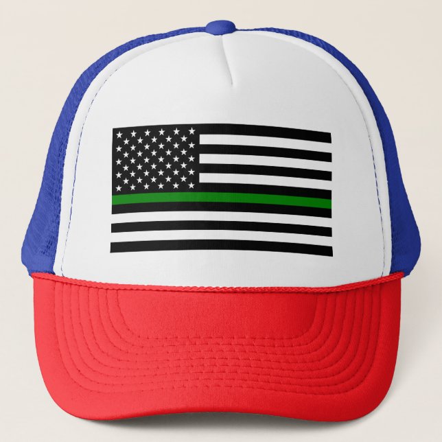 Thin Green Line Flag: Patriotic Military Veterans Trucker Hat (Front)