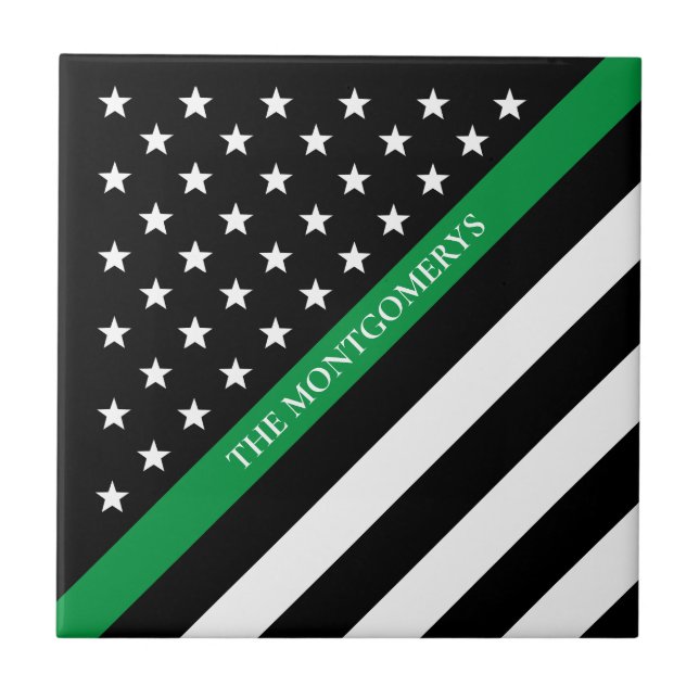 Thin Green Line Military American Flag Monogram Ceramic Tile (Front)