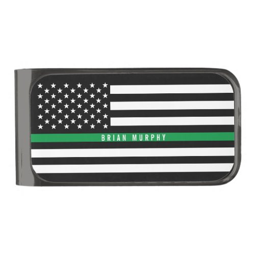 Thin Green Line Military Flag Custom Name Gunmetal Finish Money Clip