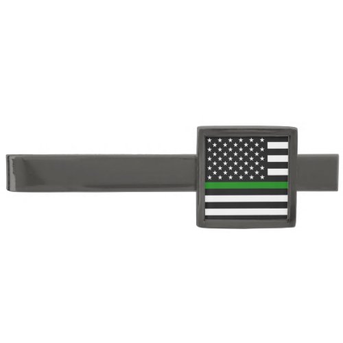 Thin Green Line Military  Veterans American Flag Gunmetal Finish Tie Bar