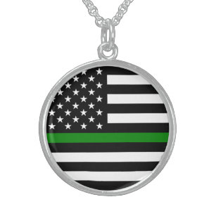 Thin Green Line Military & Veterans American Flag Sterling Silver Necklace
