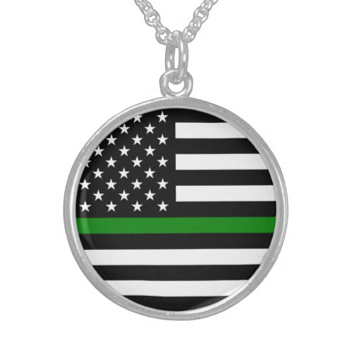 Thin Green Line Military  Veterans American Flag Sterling Silver Necklace