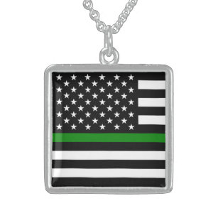 Thin Green Line Military & Veterans American Flag Sterling Silver Necklace
