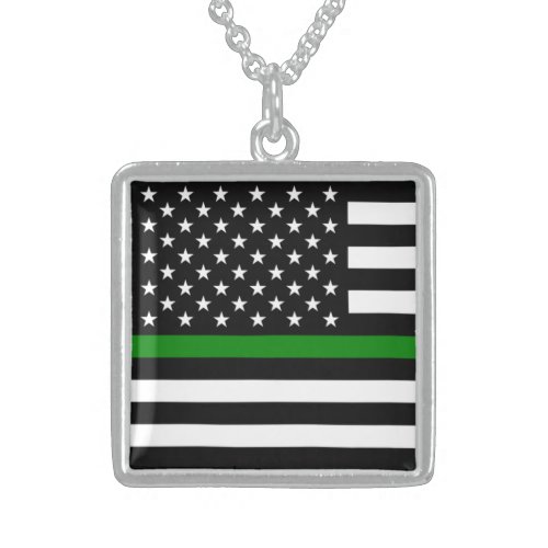 Thin Green Line Military  Veterans American Flag Sterling Silver Necklace