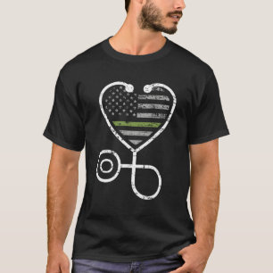 Thin Green Line Stethoscope Heart Military Nurse T-Shirt