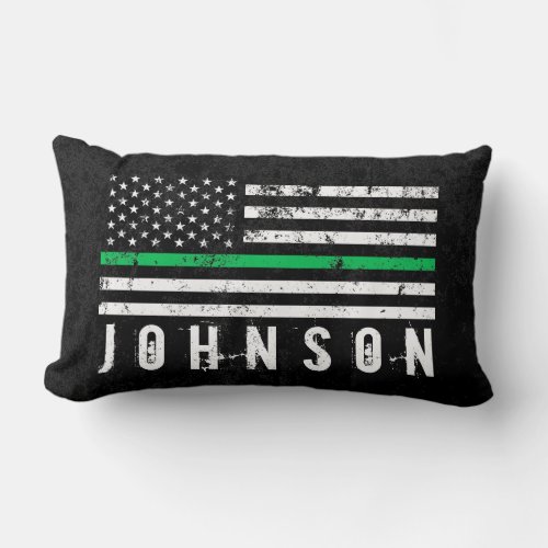 Thin Green Line Styled American Flag Custom Name Lumbar Pillow
