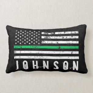 Thin Green Line Styled American Flag Custom Name Lumbar Pillow