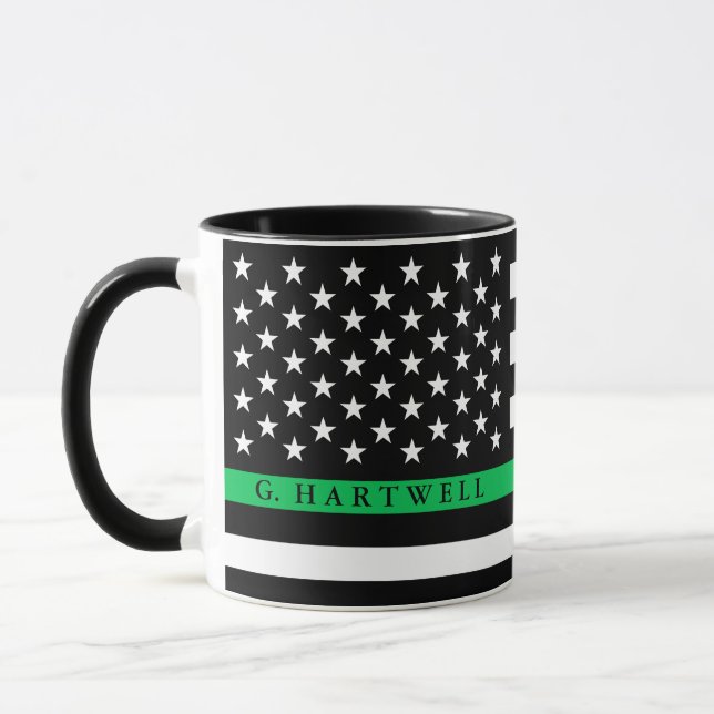 Thin Green Line Styled American Flag Custom Name Mug (Left)