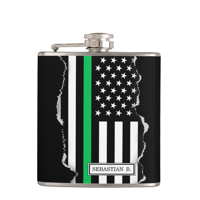 Thin Green Line | USA Flag Torn Out Look Flask (Front)