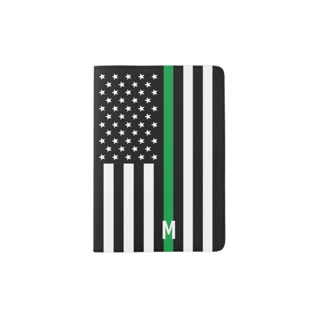 Thin Grreen Line Military American Flag Monogram Passport Holder (Front)