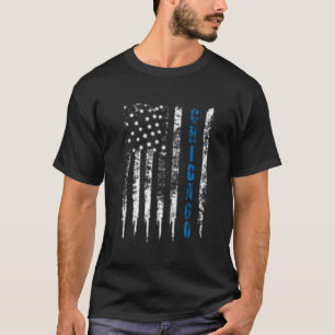 Thin Line Blue Chicago Distressed National Police  T-Shirt