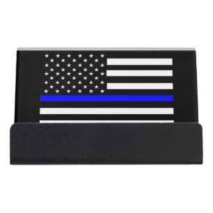 Thin Line Blue Flag Desk Business Card Holder