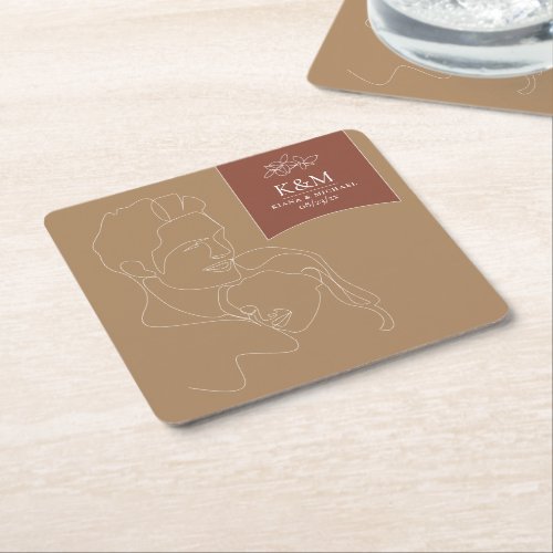 Thin Line Couple Wedding ClayBrick Red ID919  Square Paper Coaster