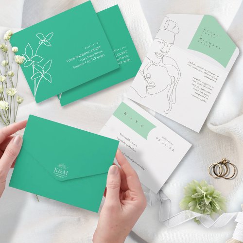 Thin Line Minimalist Wedding TealWht ID919 All In One Invitation