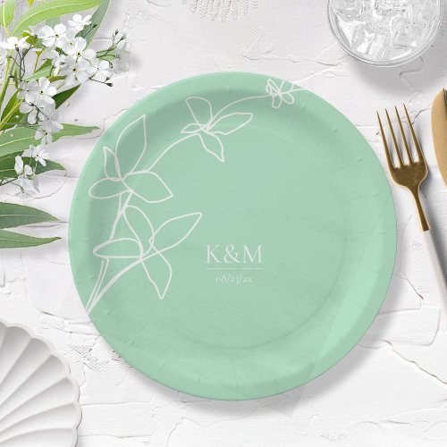 Thin Line Wedding Floral Mint Green ID919 Paper Plates