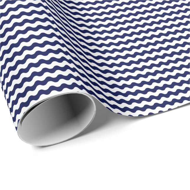 Thin Navy Blue and White Waves Wrapping Paper (Roll Corner)