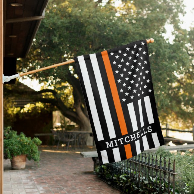 Thin Orange Line Personalized Search Rescue SAR House Flag (In SItu)
