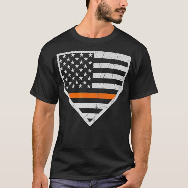 Thin Orange Line US Flag Baseball Home Plate T-Shirt (Front)