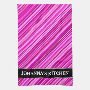 Thin Pink & Magenta Lines Pattern + Custom Name Kitchen Towel