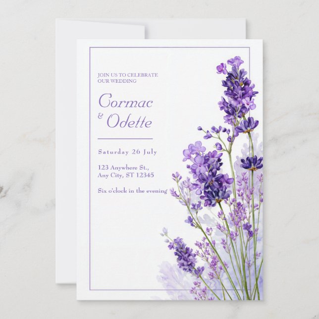 Thin Purple Watercolor Lavender Frame Wedding Invitation (Front)