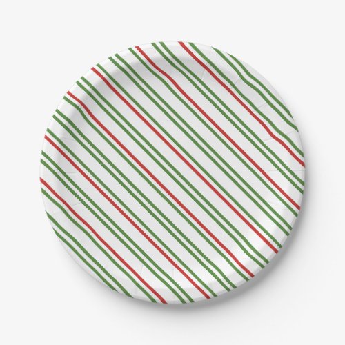 Thin red and green diagonal stripes Christmas Pape Paper Plates