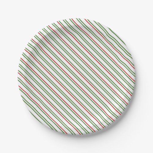 Thin red and green diagonal stripes Christmas Paper Plates