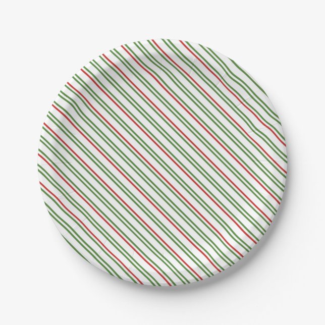 Thin red and green diagonal stripes Christmas Paper Plates (Front)