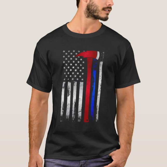 Thin Red Blue Line American Flag Axe Firefighter P T-Shirt (Front)