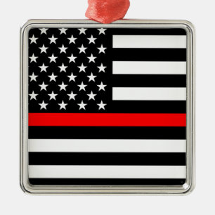 Thin Red Line American Flag Black and White Metal Ornament