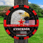 Thin Red Line & American Flag, firefighters / USA Dart Board<br><div class="desc">Personalised Dartboard featuring custom "name   message" with Eagle and Thin Red Line American Flag (USA) - firefighters / fire service personnel themed - love my country,  fathers day,  retirement,  awards / patriots</div>