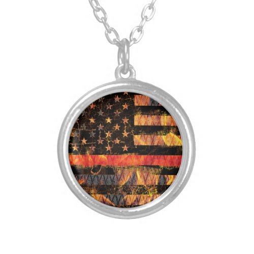 Thin Red Line and Flames Silver Plated Necklace