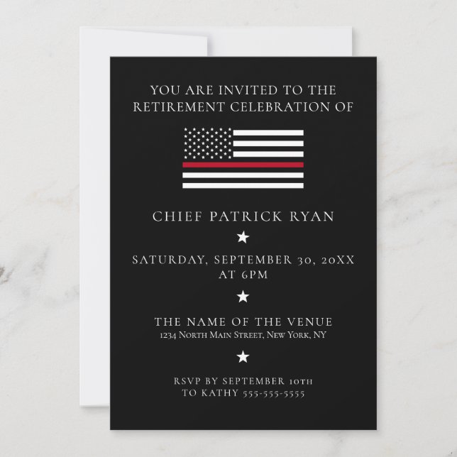 Thin Red Line Black Fireman Flag Retirement Party Invitation (Front)