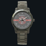 Thin Red Line Custom Name Fire Rescue Serviceman Watch<br><div class="desc">An elegant black, white, and red stripe watch with a spot for your gift recipient's name. Underneath this is a classic fire rescue Maltese Cross symbol resting inside the center of the watch. A great gift for anyone who is a part of a fire rescue team, currently serving or retired....</div>