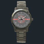 Thin Red Line Custom Name Fire Rescue Serviceman Watch<br><div class="desc">An elegant black, white, and red stripe watch with a spot for your gift recipient's name. Underneath this is a classic fire rescue Maltese Cross symbol resting inside the center of the watch. A great gift for anyone who is a part of a fire rescue team, currently serving or retired....</div>