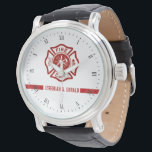 Thin Red Line Custom Name Firefighter Themed Watch<br><div class="desc">You are part of the legion of fire rescue. Celebrate this with this custom watch that puts yours or your gift recipient's name in red along the continuous thin red line along the lower center of the watch. Closer towards the center, the classic firefighter symbol of the White and red...</div>