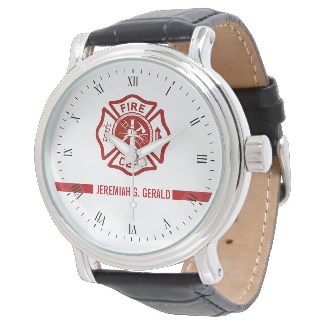 Thin Red Line Custom Name Firefighter Themed Watch (Angled)