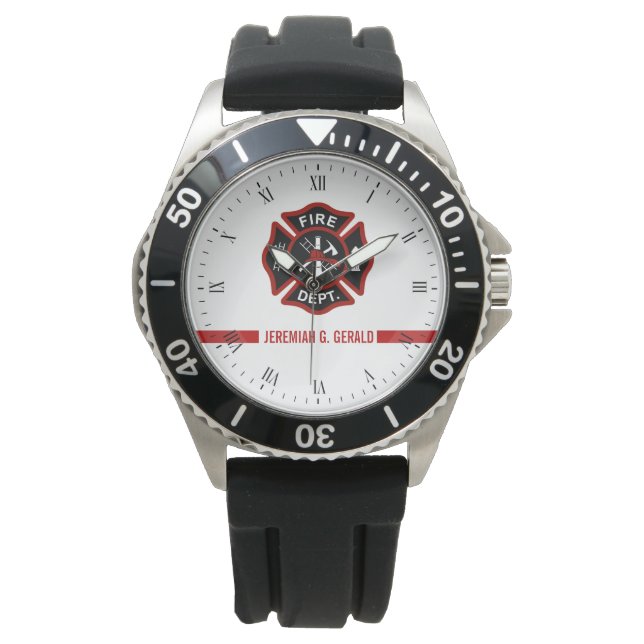 Thin Red Line Custom Name Stripe Firefighter Theme Watch (Front)