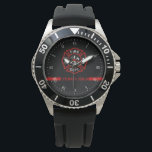 Thin Red Line Custom Name Stripe Firefighter Watch<br><div class="desc">You are part of the brotherhood and sisterhood of fire rescue. Celebrate this with this custom watch that puts your name in red along the continuous thin red line along the lower center of the watch. Closer towards the center, the classic firefighter symbol the Maltese Cross. A modern and stylish...</div>