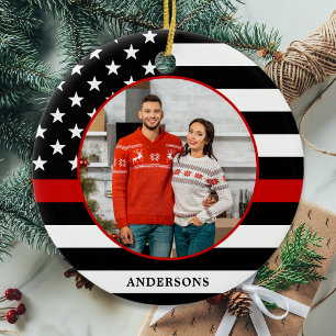 Thin Red Line Custom Photo Firefighter Christmas Ceramic Ornament