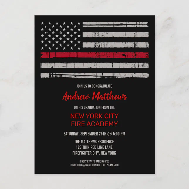 Thin Red Line Fire Academy Firefighter Graduation Invitation Postcard ...