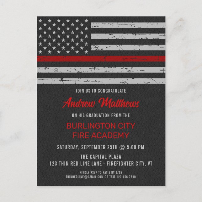Thin Red Line Fire Academy Firefighter Graduation  Invitation Postcard (Front)