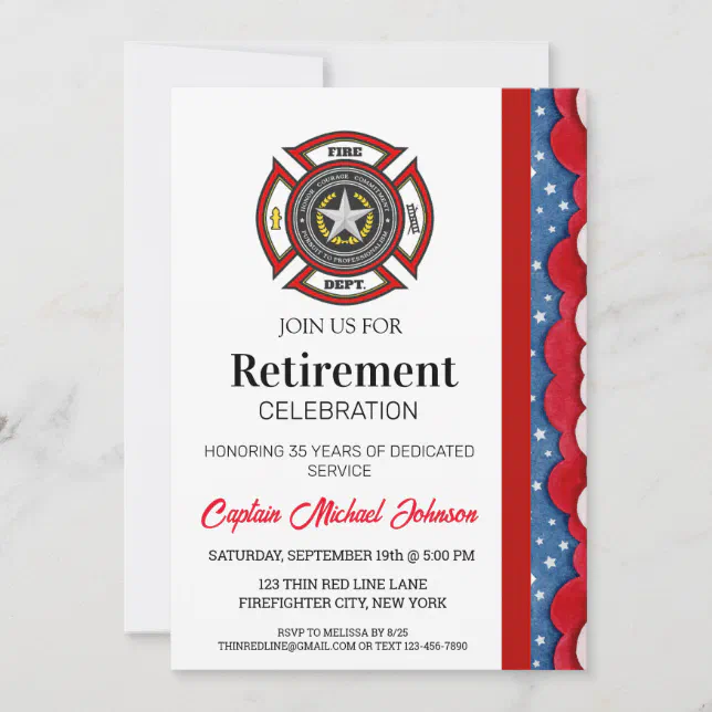 Thin Red Line Fire Department Retirement Invitation | Zazzle