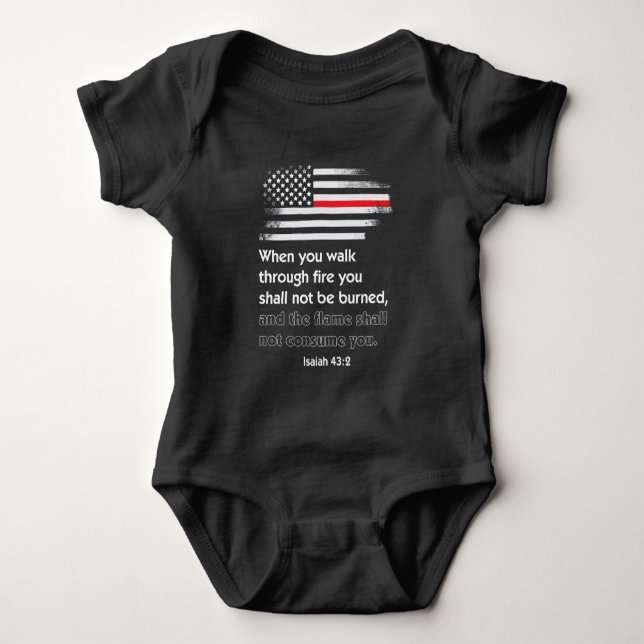 Thin Red Line Firefighter Bible Verse America Baby Bodysuit (Front)
